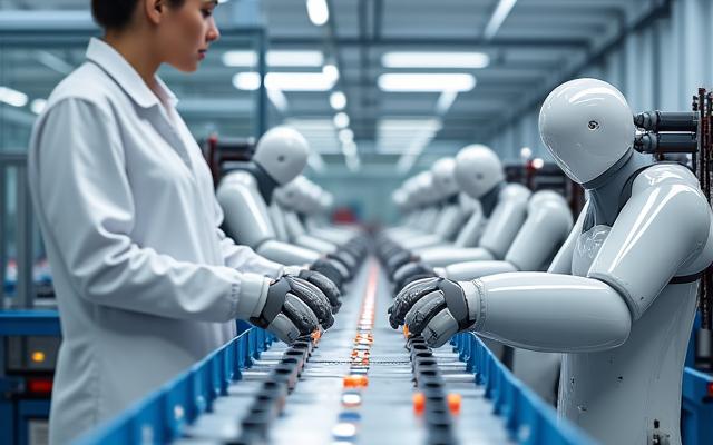 Robot industriel travaillant sur une ligne d'assemblage automatisée